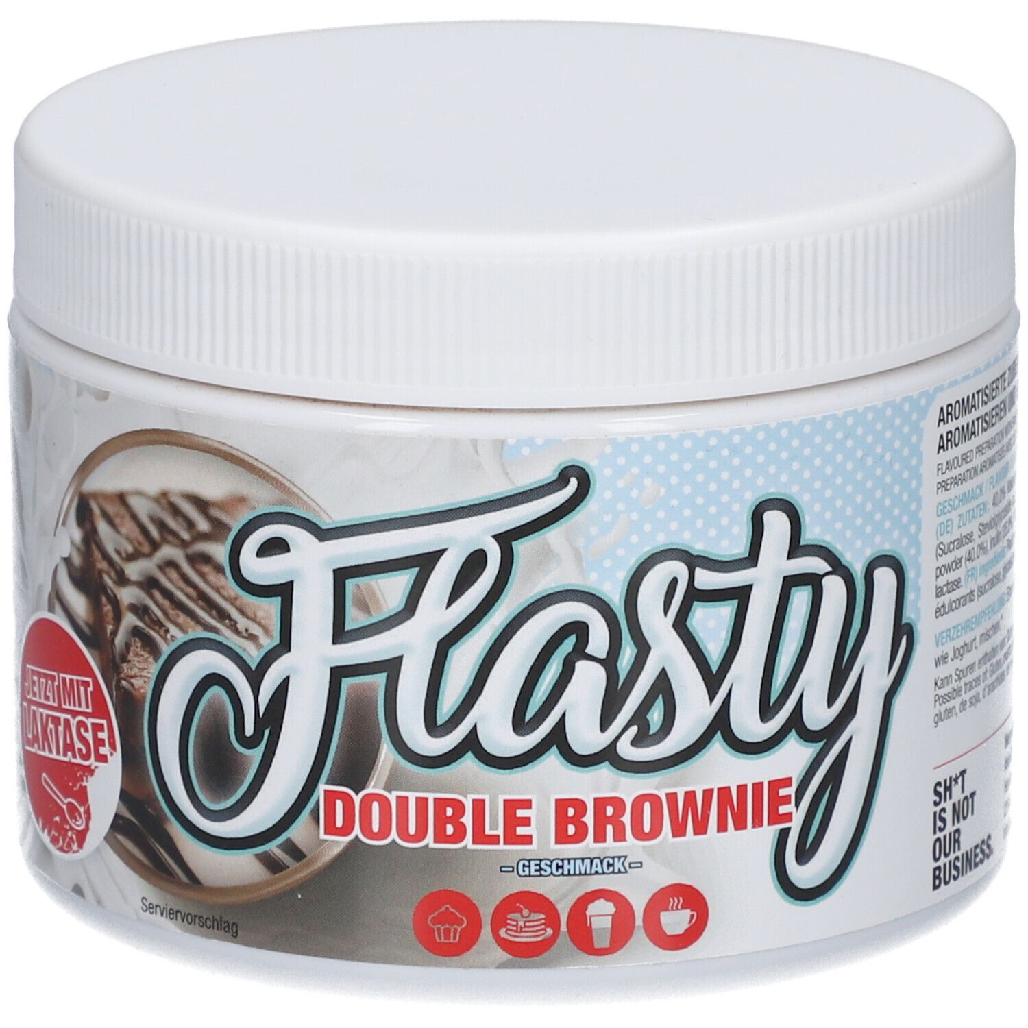 Weißes Kunststoff-Behältnis mit Deckel. Aufschrift "Flasty Double Brownie Geschmack". Abbildung eines Brownies. "Jetzt mit Laktase".