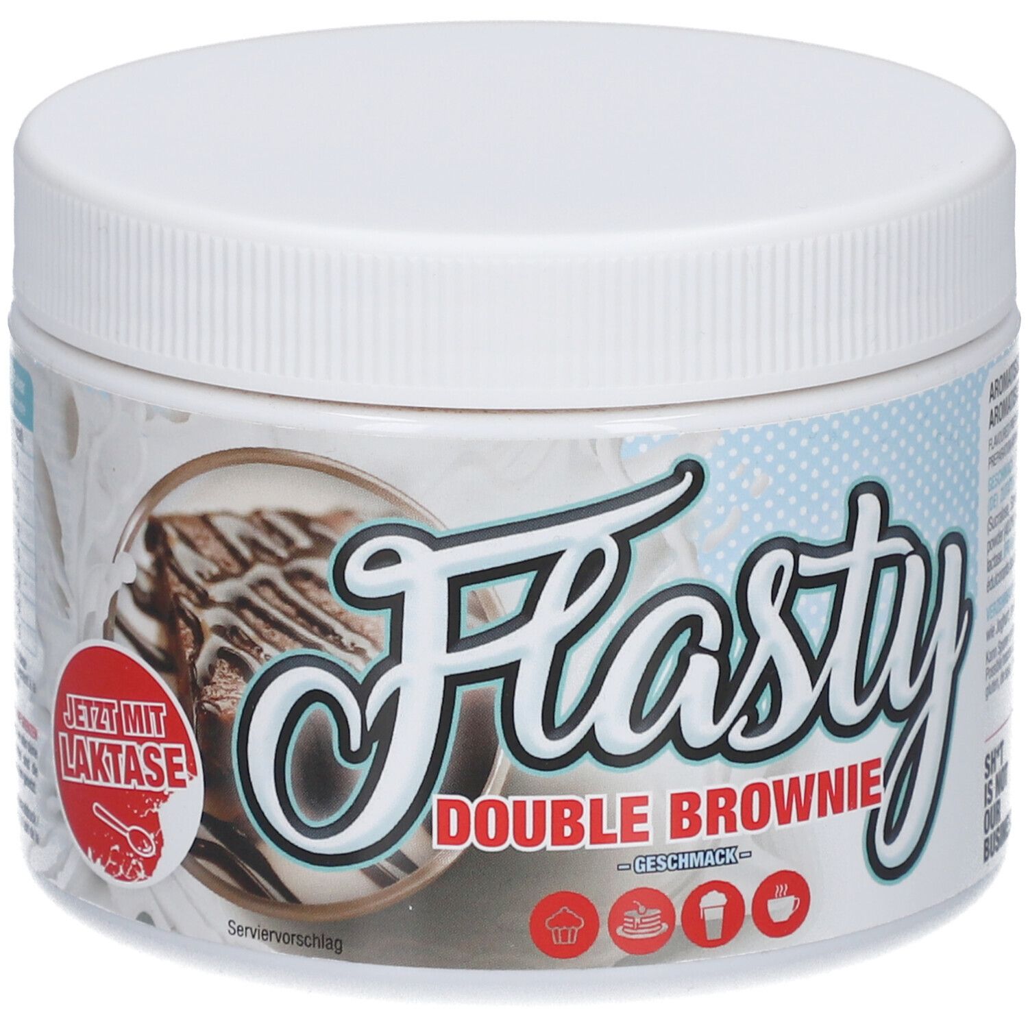 Weißes Kunststoff-Behältnis mit Deckel. Aufschrift "Flasty Double Brownie Geschmack". "Jetzt mit Laktase" Aufkleber.