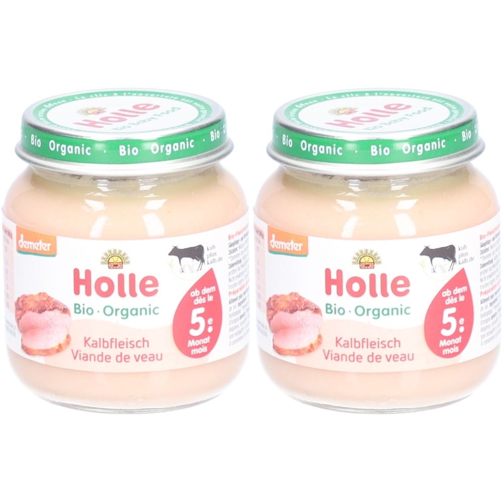 Zwei Gläser Babynahrung. Aufschrift: Holle Bio-Organic Kalbfleisch. Deckel mit grünem Rand. Demeter-Logo.