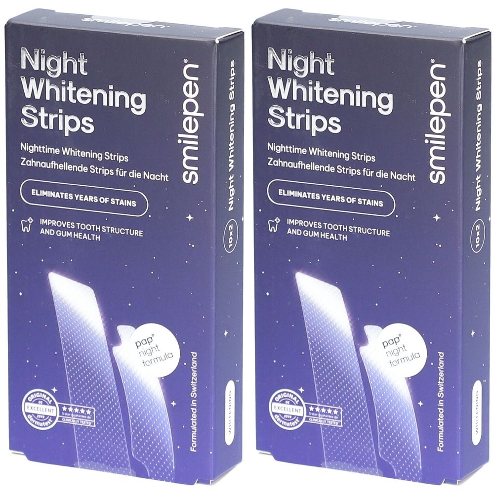 Zwei Schachteln mit "Night Whitening Strips". Aufschrift: "ELIMINATES YEARS OF STAINS". Marke: smilepen. Verpackung mit Sternenmuster.