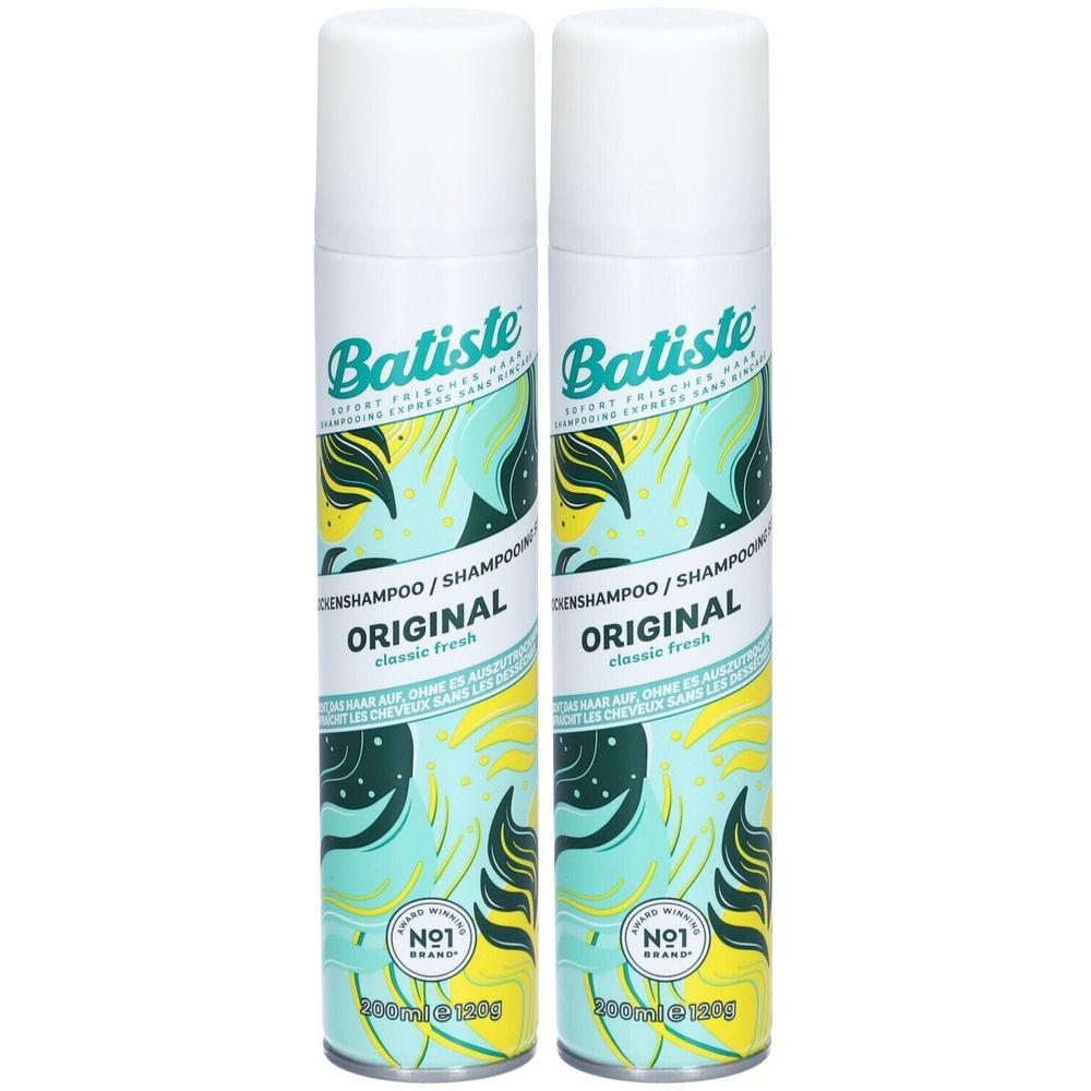 Deux flacons de spray avec couvercles blancs. Inscription: Batiste, Original, classic fresh. Design vert et jaune. Logo n°1.