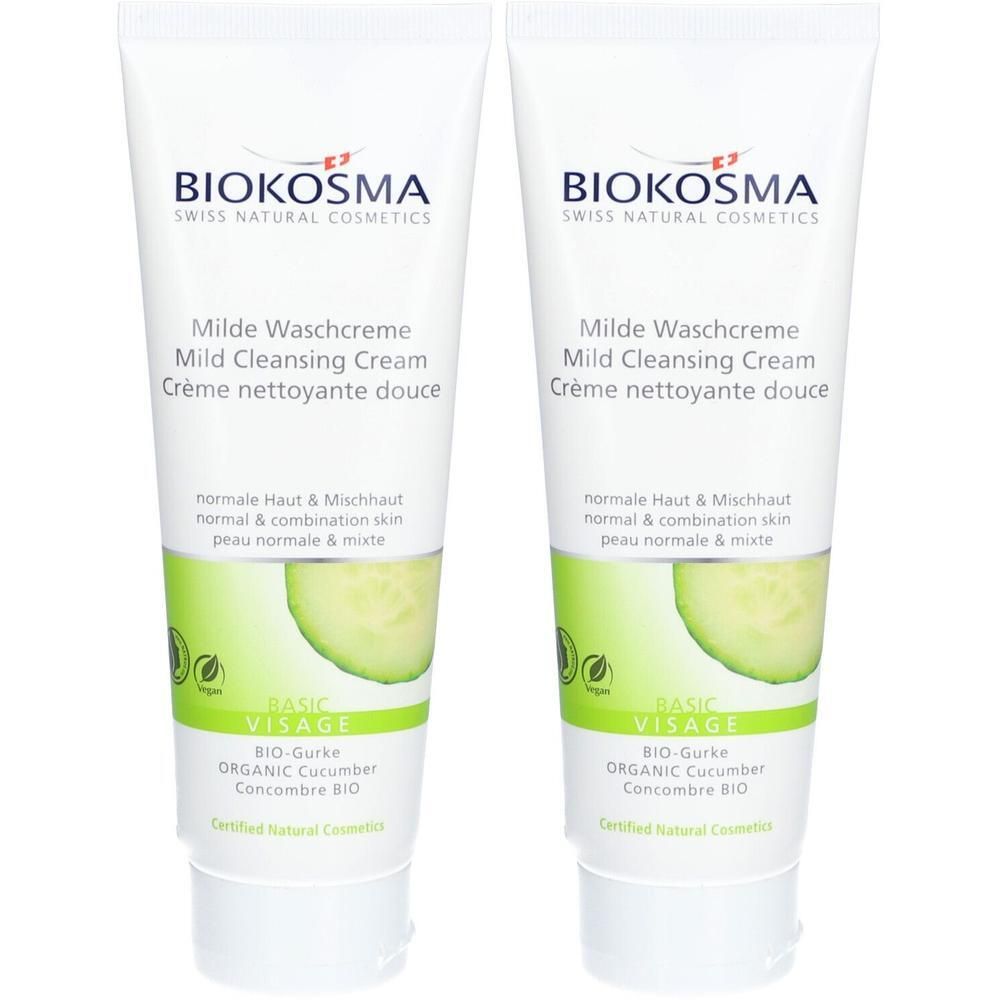 Deux tubes de crème lavante BIOKOSMA. Blanc, accents verts. Inscription : Milde Waschcreme, BIO-Gurke, vegan. Certifié.