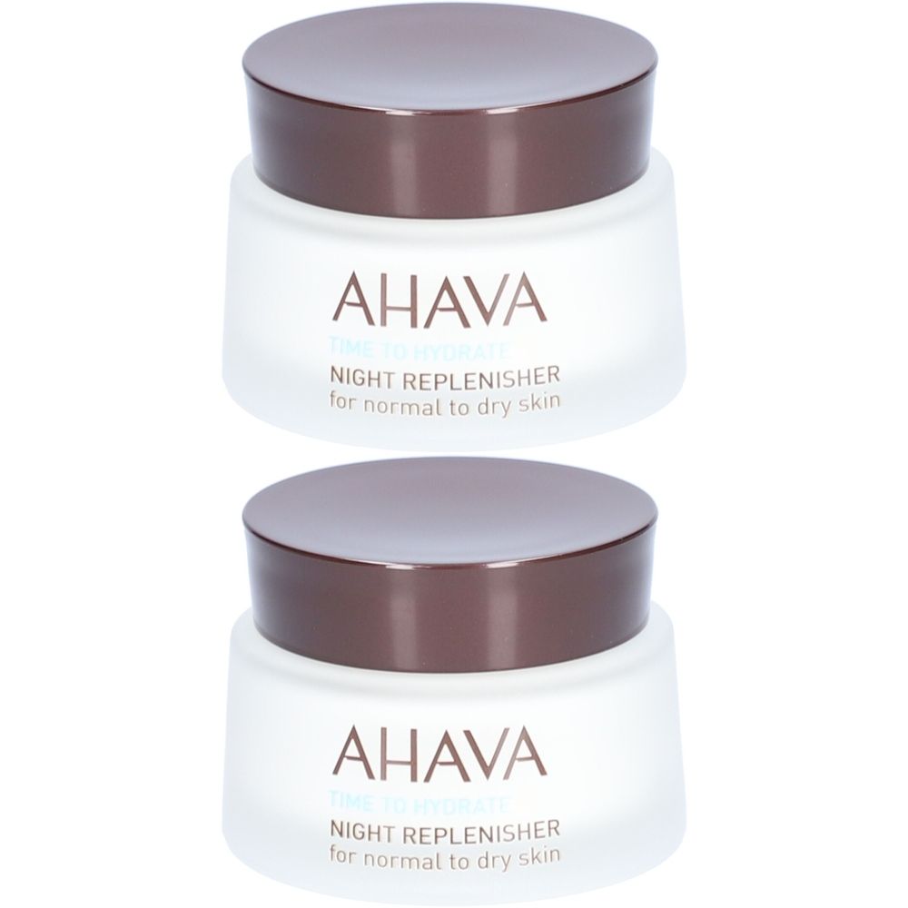 Zwei Tiegel AHAVA Night Replenisher Nachtcreme. Weiße Gläser mit braunen Deckeln. Aufschrift: AHAVA, Night Replenisher.