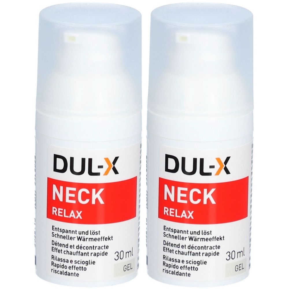 Deux flacons blancs avec bouchons. Inscription: DUL-X NECK RELAX, 30ml Gel. Texte en allemand, français, italien et anglais.