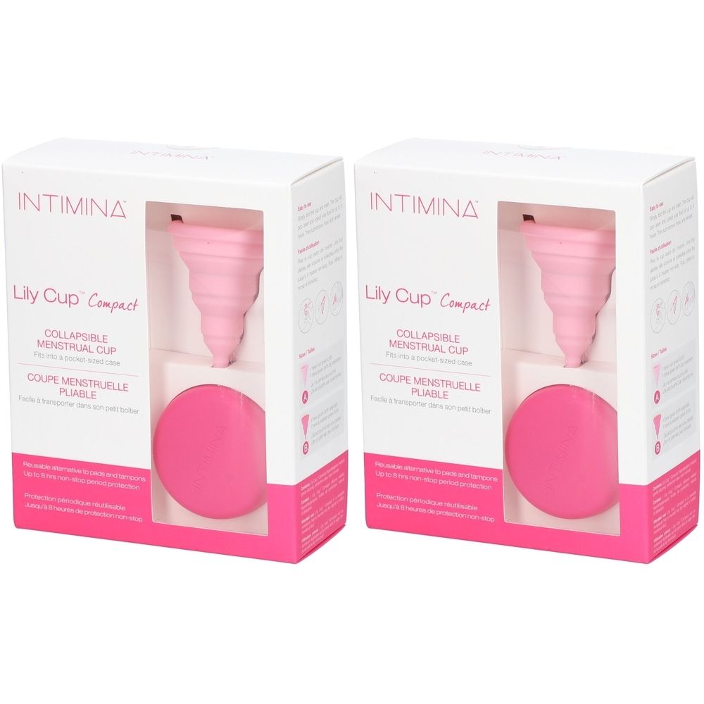 Deux boîtes de coupes menstruelles roses. Chaque boîte présente une coupe pliée et un étui de rangement rond. Texte : Intimina, Lily Cup Compact.