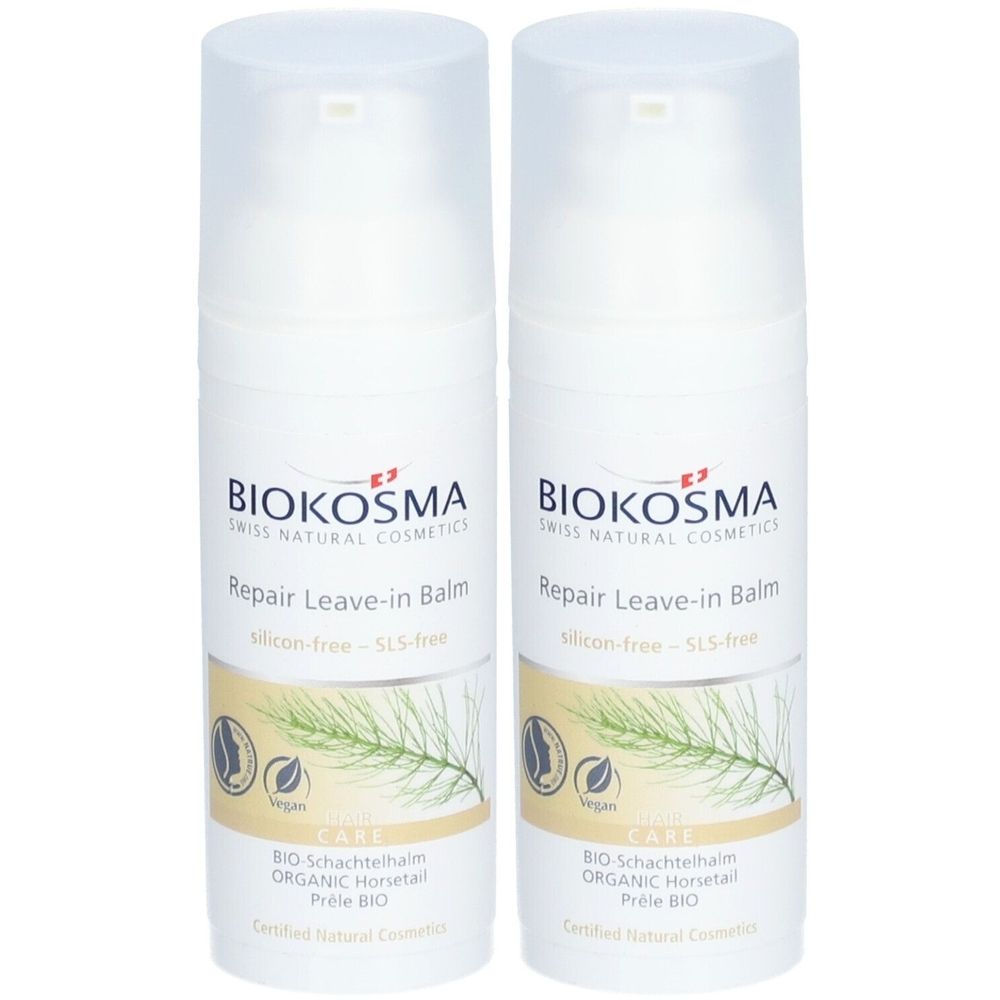 Deux flacons blancs avec pompe. Inscription: BIOKOSMA, Repair Leave-in Balm, sans silicone - sans SLS. Avec prêle BIO.