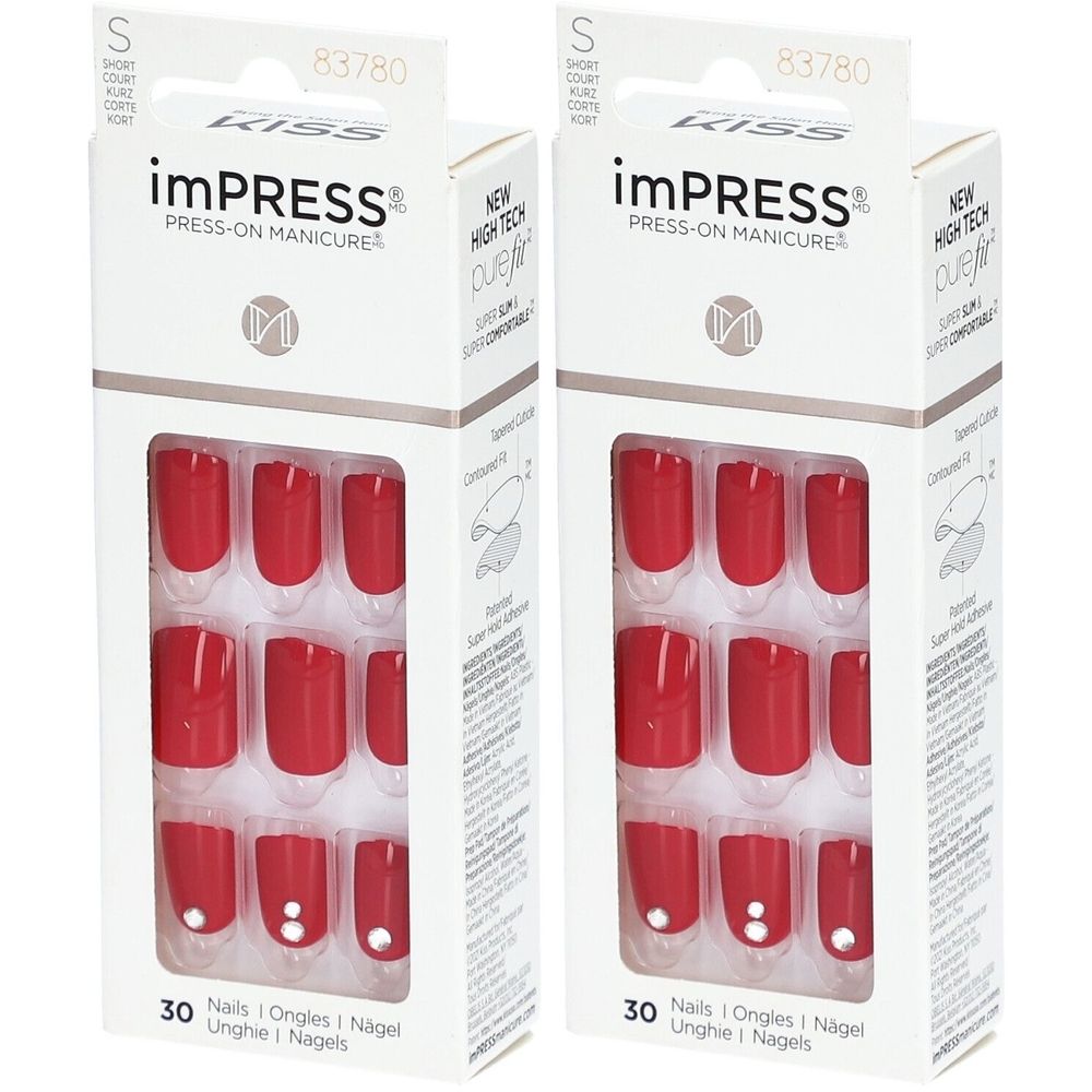Zwei Packungen falscher Nägel. Rote, quadratische Nägel mit weißen Akzenten. Marke: KISS imPRESS.