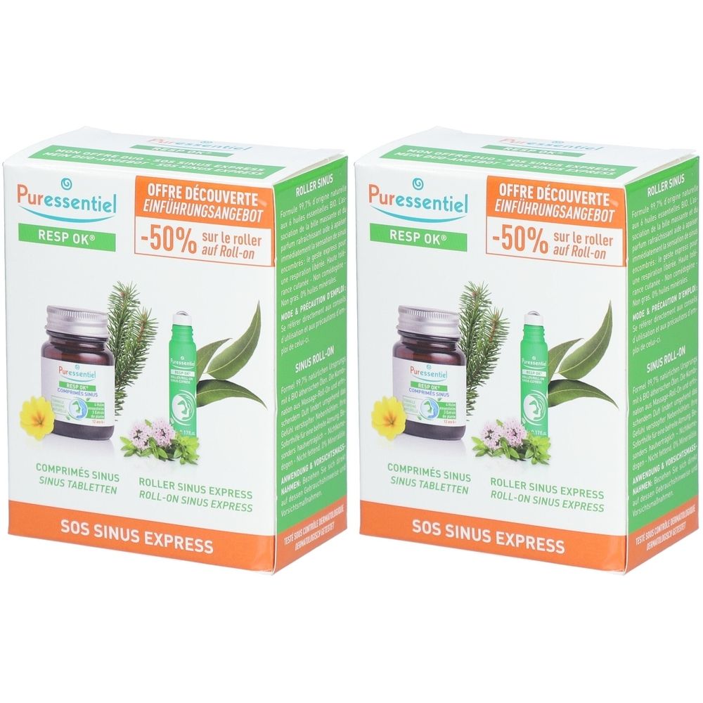 Deux boîtes de produits. Inscriptions : Puressentiel, RESP OK, -50%, SOS SINUS EXPRESS. Comprimés et roll-on sont visibles.