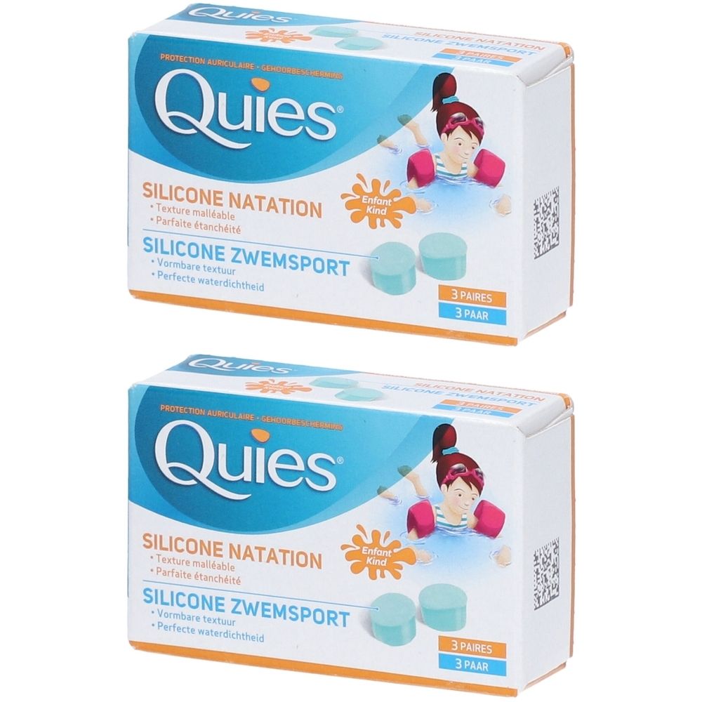 Zwei Schachteln mit Ohrenstöpseln. Aufschrift: Quies, Silicone Natation, Silicone Zwemsport. 3 Paare.