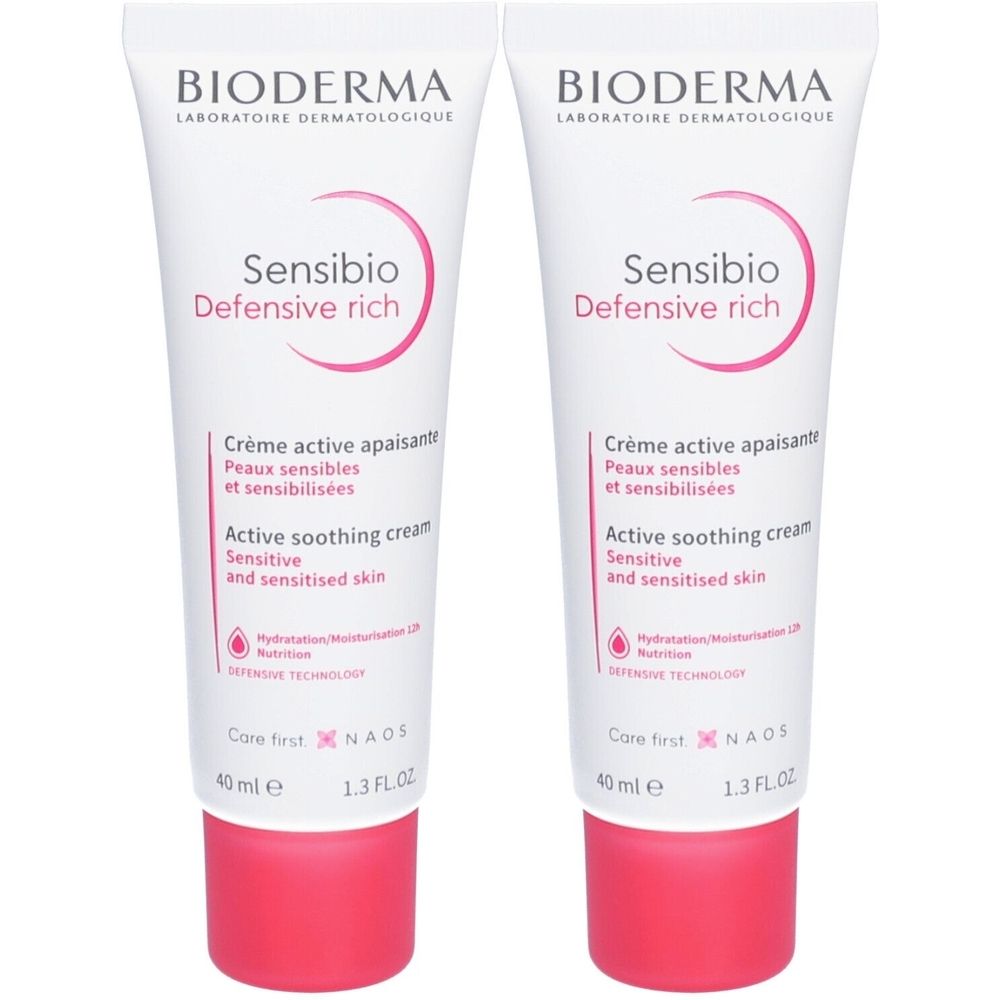 Zwei Tuben BIODERMA Sensibio Defensive Rich. Weiße Tuben mit rosa Akzenten und Schriftzug. 40 ml.