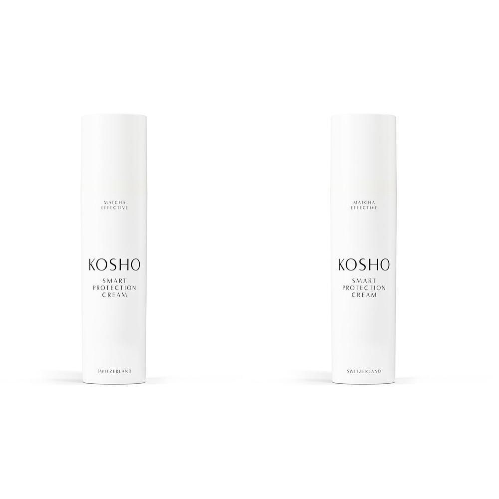 Deux flacons blancs de KOSHO Smart Protection Cream. Inscription : KOSHO, Smart Protection Cream, Matcha, intuitive.