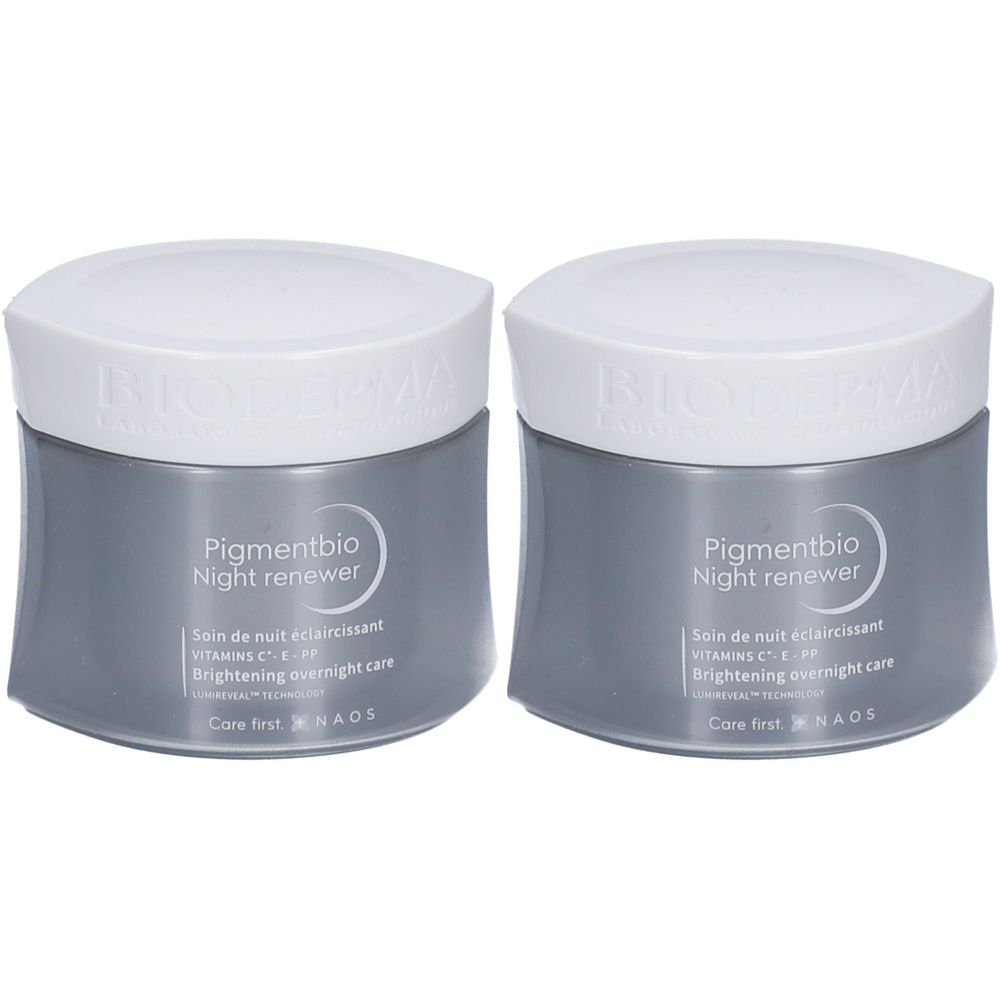 Zwei Tiegel Bioderma Pigmentbio Night renewer. Graue Tiegel mit weißen Deckeln. Aufschrift: Pigmentbio Night renewer, Brightening overnight care.