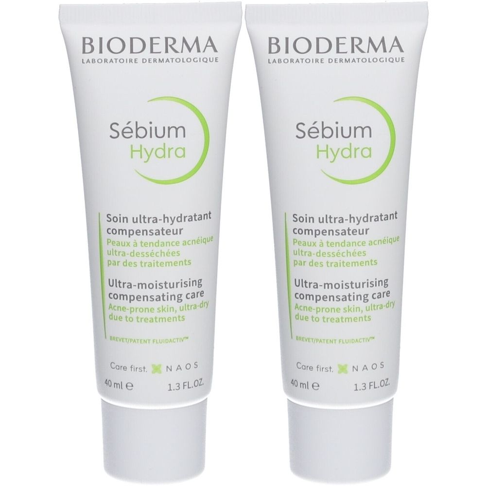 Deux tubes blancs avec texte vert. Inscription: BIODERMA, Sébium Hydra. Texte: Ultra-moisturising compensating care.
