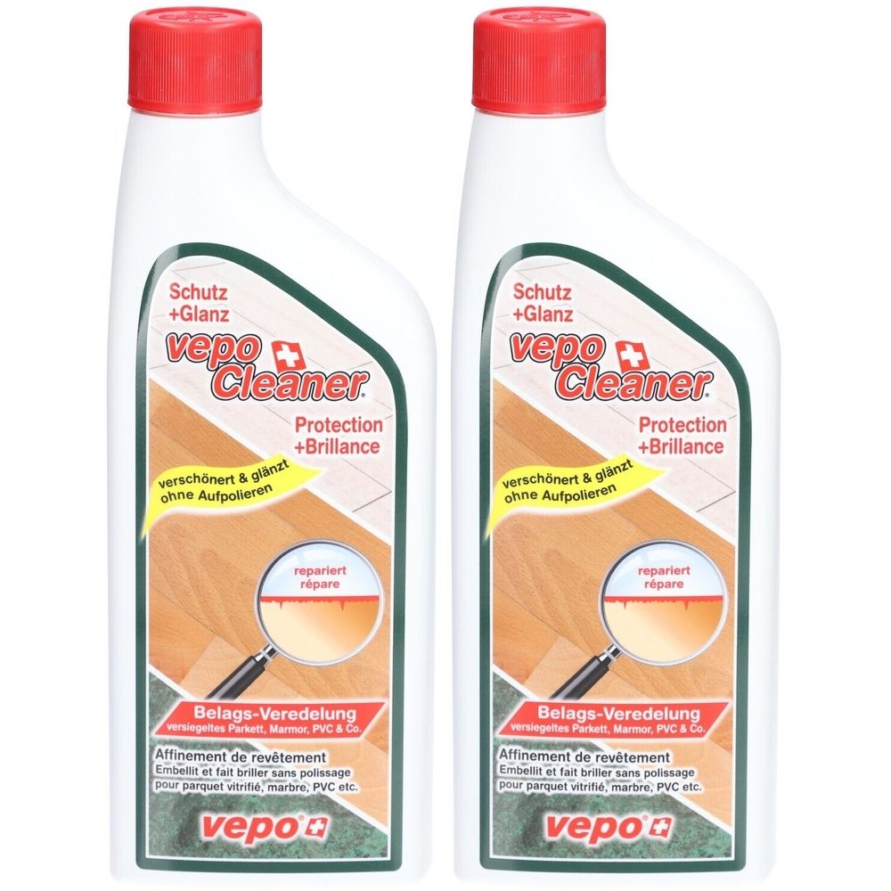 Zwei weiße Flaschen mit rotem Deckel. Aufschrift: vepo Cleaner, Schutz + Glanz, Belags-Veredelung.