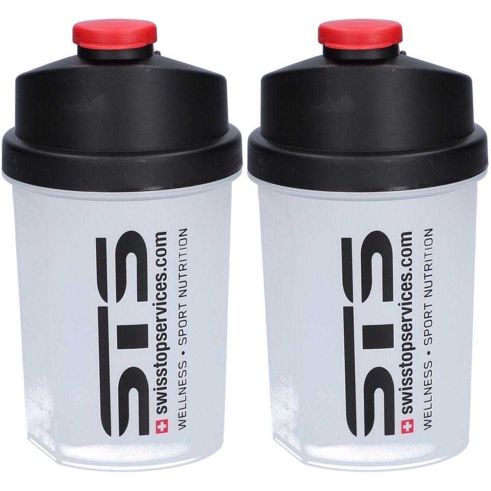 Zwei Shaker mit schwarzem Deckel und rotem Verschluss. Aufschrift: STS swisstopservices.com WELLNESS SPORT NUTRITION.
