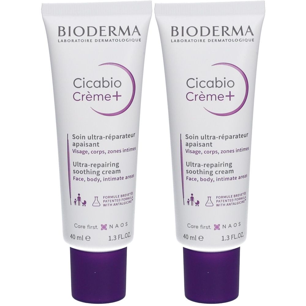 Zwei Tuben Bioderma Cicabio Crème+. Weiße Tuben mit lila Schrift und Verschluss. Text: Ultra-repairing soothing cream.