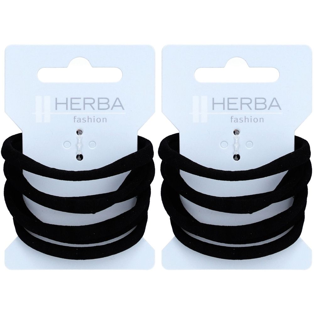 Deux paquets d'élastiques noirs. Chaque paquet a une étiquette blanche avec le logo HERBA fashion.