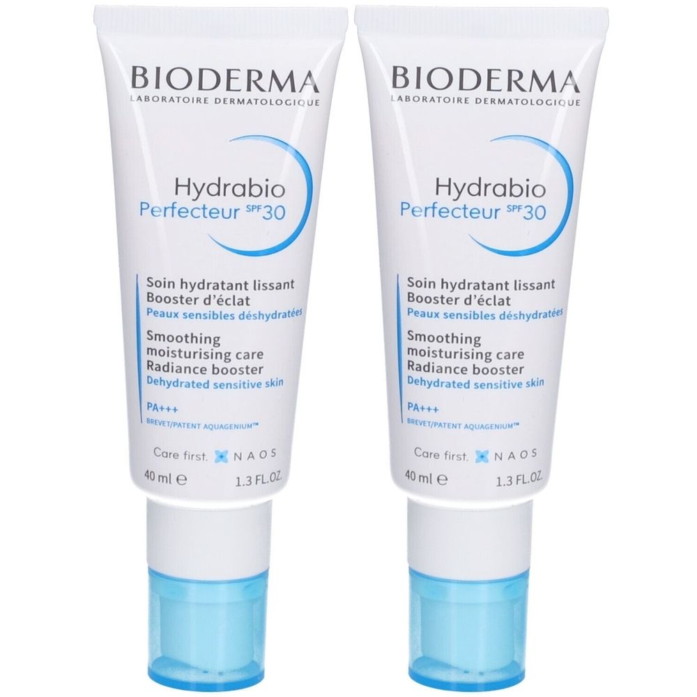 Zwei Tuben BIODERMA Hydrabio Perfecteur SPF30. Weiße Tuben mit blauen Akzenten. Text: Soin hydratant lissant, Booster d'éclat, Smoothing, Radiance booster.