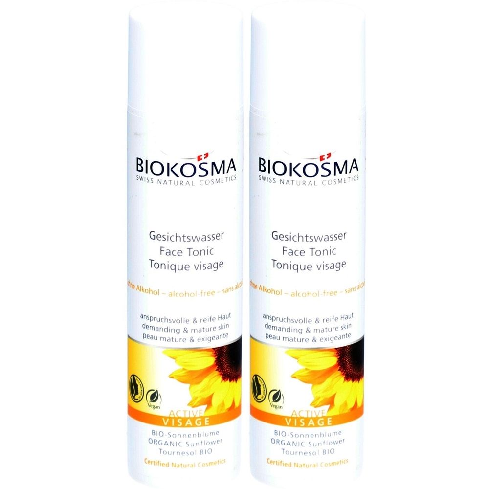 Deux flacons blancs avec étiquettes. Inscription : BIOKOSMA, Gesichtswasser, Face Tonic, Tonique visage. Image d'un tournesol.
