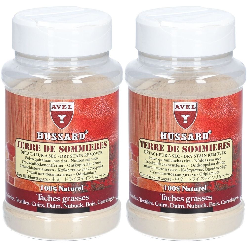 Zwei transparente Behälter mit weißem Deckel. Aufschrift: AVEL, HUSSARD, TERRE DE SOMMIERES, 100% Naturel. Inhalt: helles Pulver.