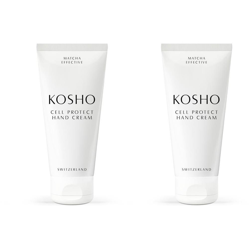 Deux tubes blancs avec l'inscription KOSHO Cell Protect Hand Cream. Texte : Matcha Effective, Switzerland.