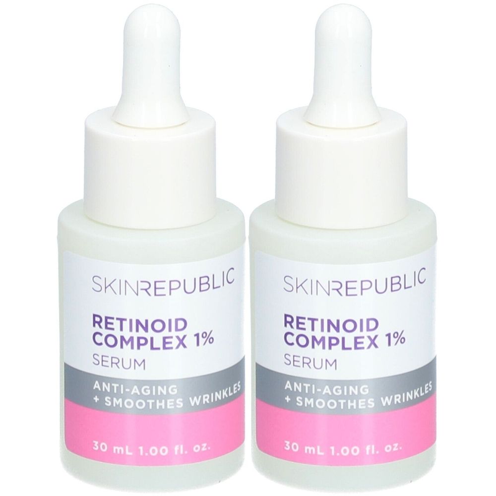 Zwei Flaschen Skin Republic Retinoid Serum. Weiße Flaschen mit Pipettenaufsatz. Aufschrift: Retinoid Complex 1%, Anti-Aging, glättet Falten.