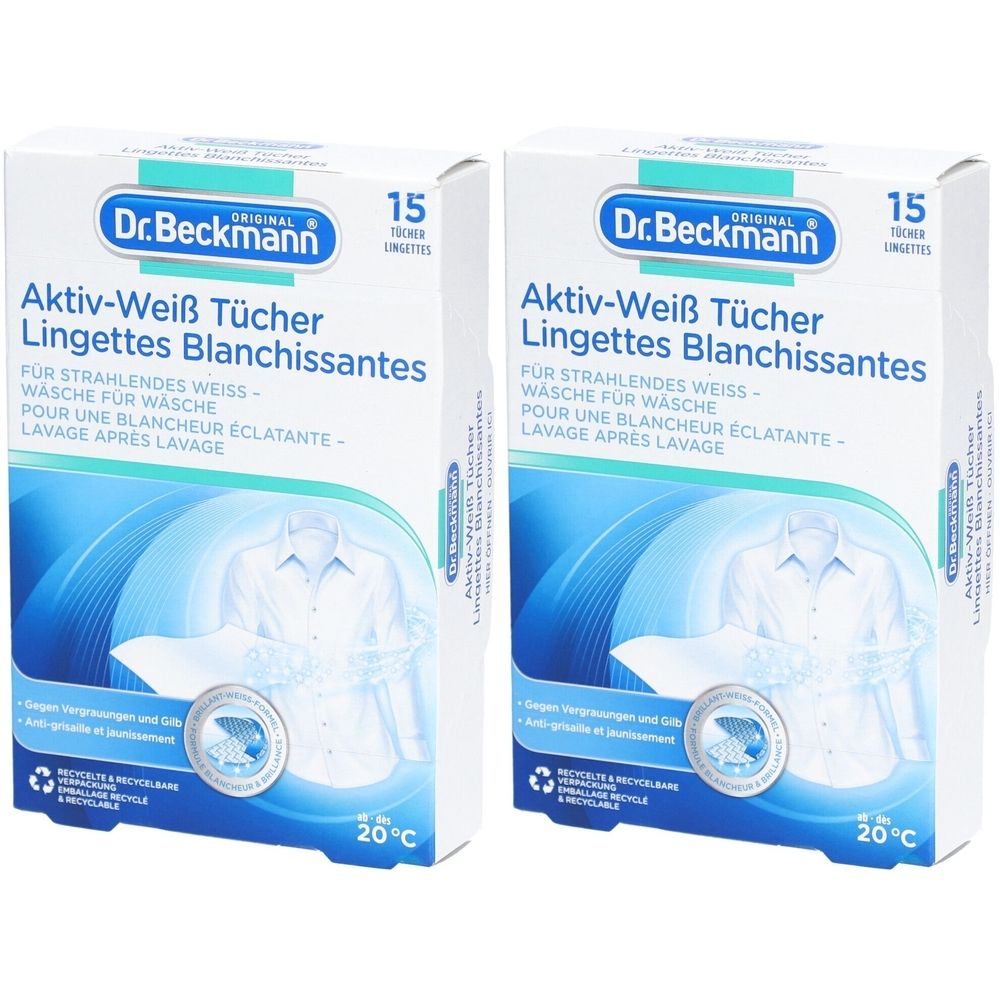 Zwei Kartons Dr. Beckmann Aktiv-Weiß Tücher. Aufschrift in Deutsch und Französisch. 15 Tücher pro Packung. Temperaturangabe 20°C.
