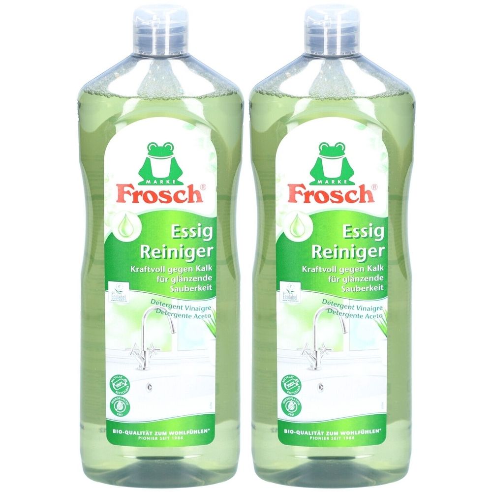 Zwei Flaschen Frosch Essig Reiniger. Grüne Flüssigkeit in transparenten Flaschen. Etikett mit Logo und Produktinformationen.