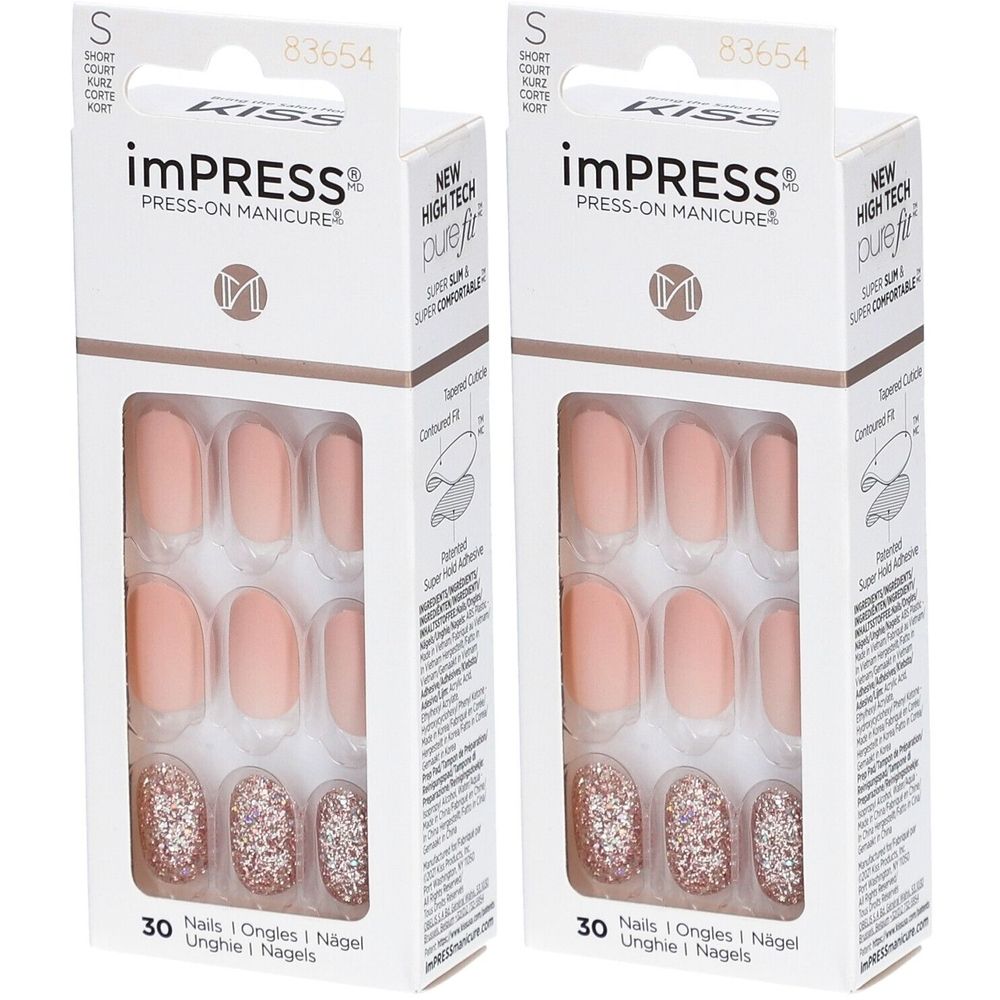 Deux boîtes de faux ongles. L'emballage affiche la marque Kiss imPRESS. 30 ongles par boîte.