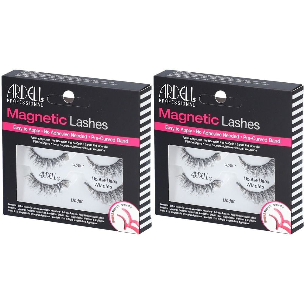 Deux boîtes de cils magnétiques Ardell. Emballage noir avec motif rayé blanc. Nom du produit et cils clairement visibles.