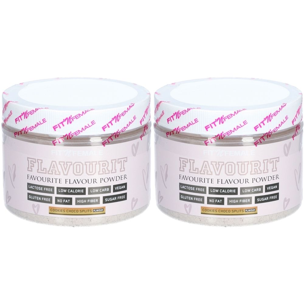 Zwei Behälter mit weißem Deckel. Aufschrift: FLAVOURIT, FAVOURITE FLAVOUR POWDER. Angaben zu Inhaltsstoffen.