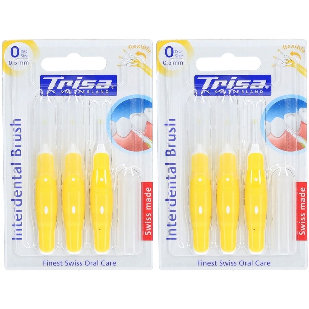 Deux blisters de brosses interdentaires jaunes. Inscription: Trisa, Swiss made, 0, 0.5mm.