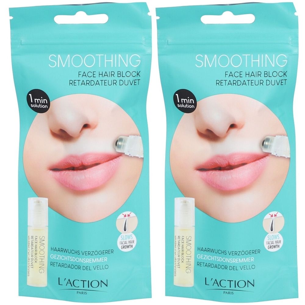 Deux sachets. Inscription: SMOOTHING, FACE HAIR BLOCK, RETARDATEUR DUVET. En bas: L'ACTION PARIS. Visage féminin illustré.