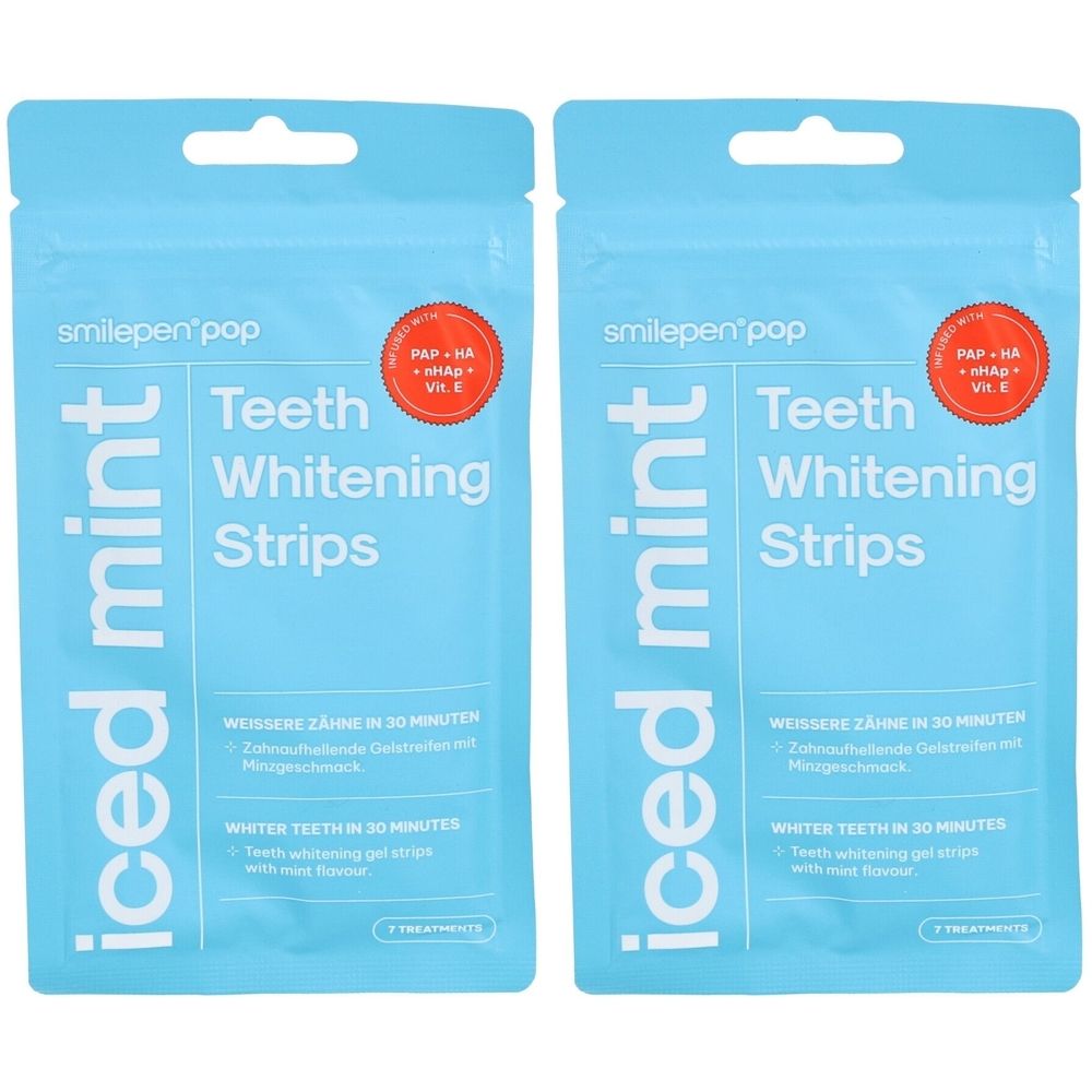 Zwei Packungen SMILEPEN Pop Zahnaufhellungsstreifen Iced Mint. Hellblaue Verpackung mit Produktnamen und Aufschrift 'Teeth Whitening Strips'.