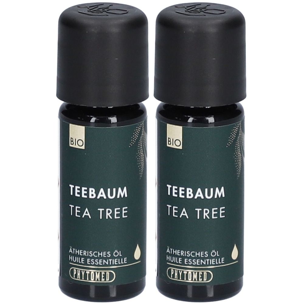 Zwei Flaschen ätherisches Öl. Aufschrift: Teebaum, Tea Tree, BIO. Marke: Phytomed.