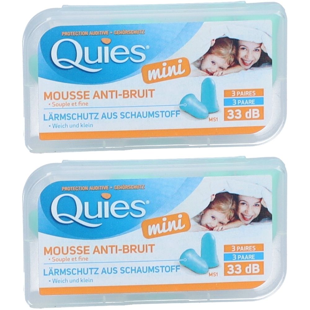 Zwei Packungen QUIES Lärmschutz aus Schaumstoff MINI. Jede Packung enthält 3 Paar. Blaue Ohrstöpsel, Verpackung mit Aufdruck.