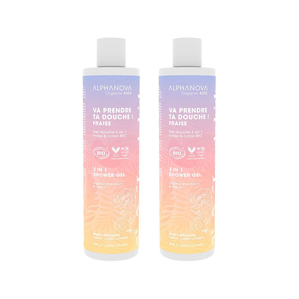 Zwei Flaschen ALPHANOVA Kids 3-in-1 Duschgel Erdbeere. Aufschrift: Va prendre ta douche! Fraise. Bio-Zertifizierung. 3-in-1 Duschgel.