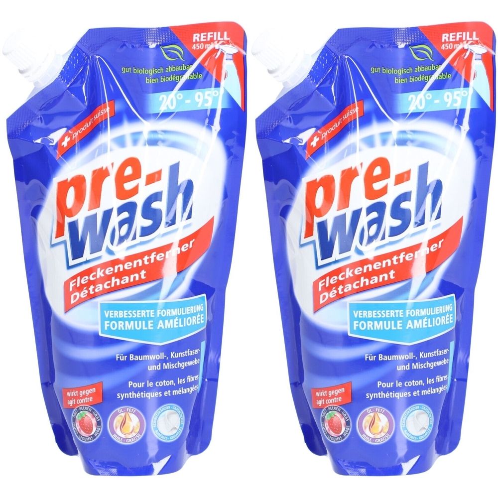 Deux recharges bleues avec l'inscription blanche "pre-wash". Texte: Fleckenentferner, Détachant. Refill 450 ml.