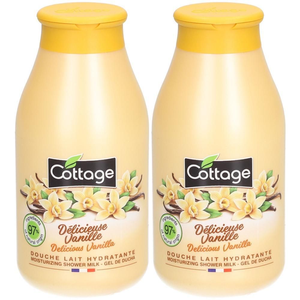 Deux flacons de lait de douche avec bouchon jaune. Inscription: Cottage, Délicieuse Vanille, 97% ingrédients d'origine naturelle.