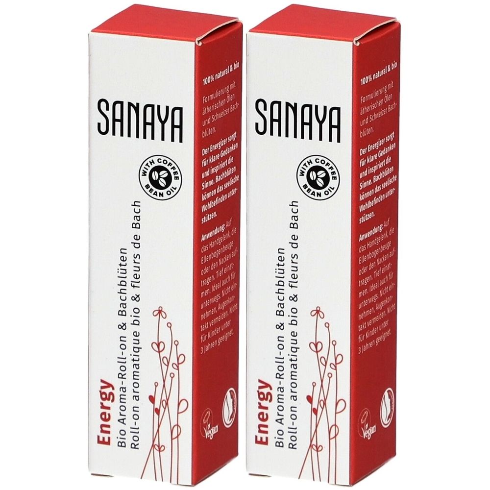 Zwei rechteckige Kartons mit roter Oberseite. Aufschrift: SANAYA, Energy, Bio Aroma-Roll-on & Bachblüten. Mit Kaffee-Bohnen-Öl.