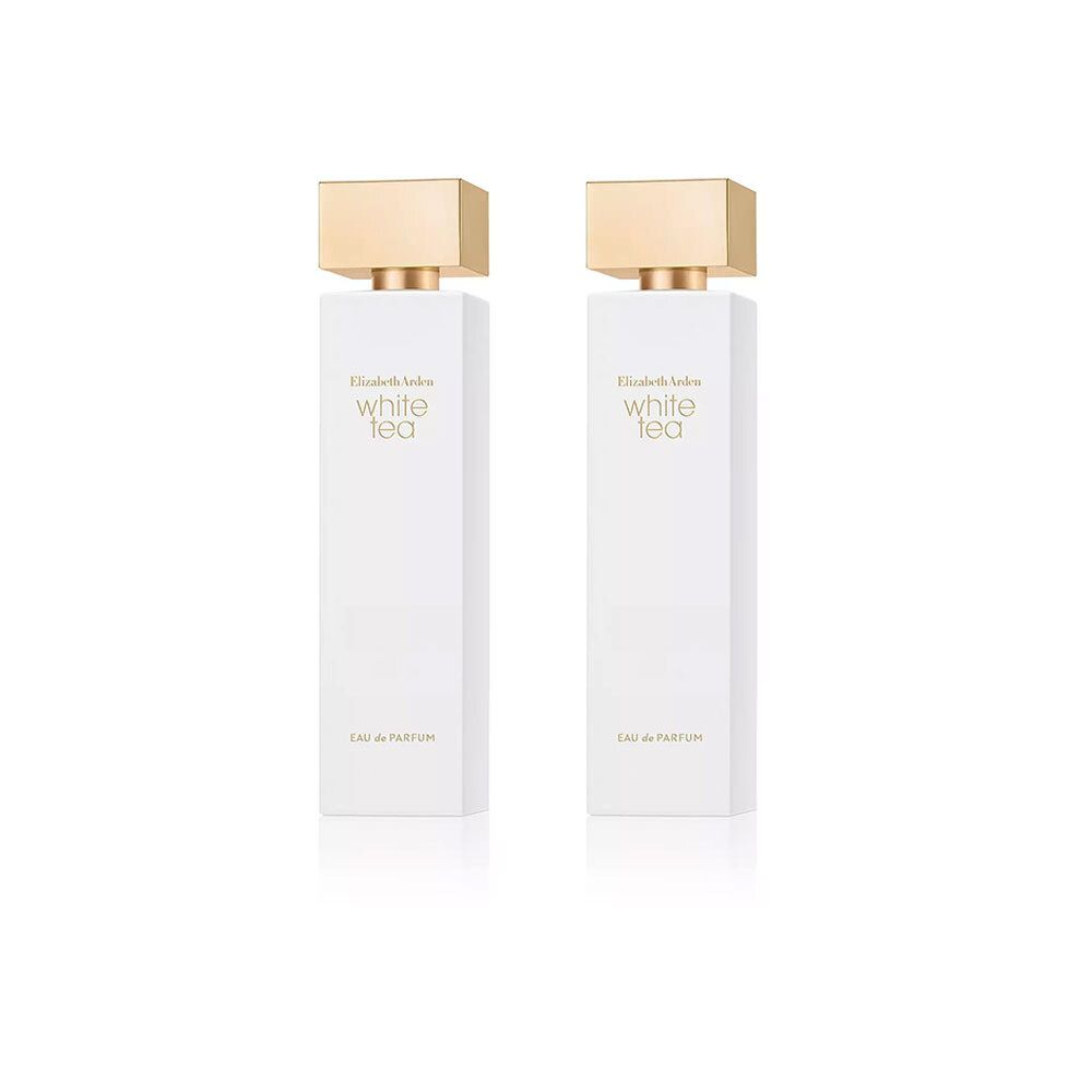 Zwei weiße Parfümflakons mit goldenen Deckeln. Aufschrift: Elizabeth Arden White Tea Eau de Parfum.