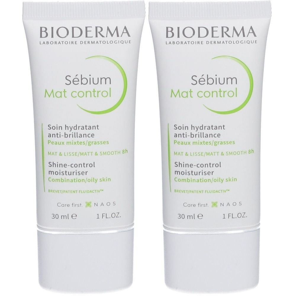 Deux tubes de BIODERMA Sébium Mat Control. Tubes blancs avec texte vert. Contient : Shine-control moisturiser, 30 ml.