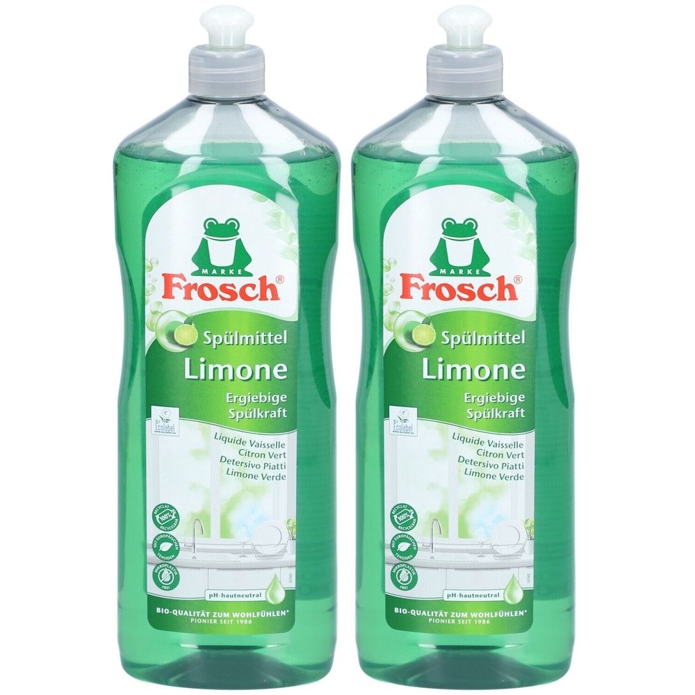 Deux bouteilles vertes de liquide vaisselle "Frosch" avec le logo "Frosch". Inscription "Limone".