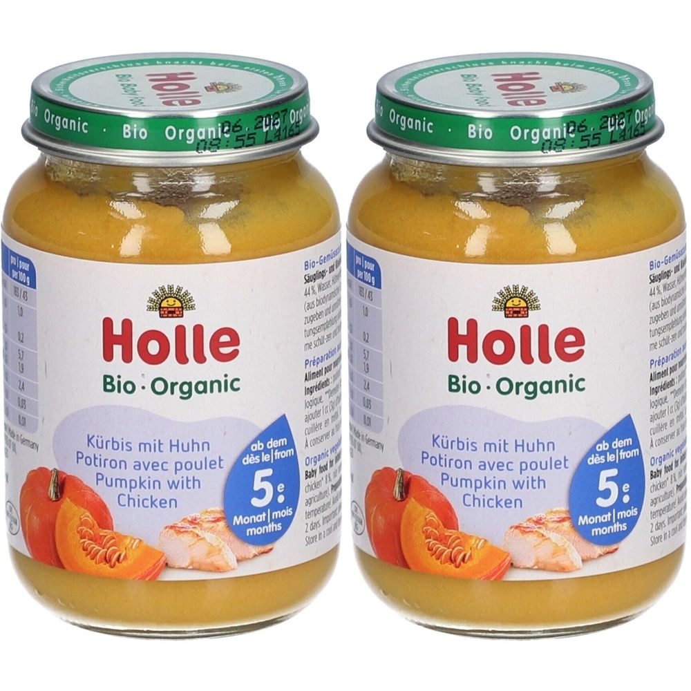 Deux pots de purée pour bébé Holle Bio-Organic, potiron et poulet. Pots avec couvercles verts, étiquettes avec logo, images de citrouille et poulet.