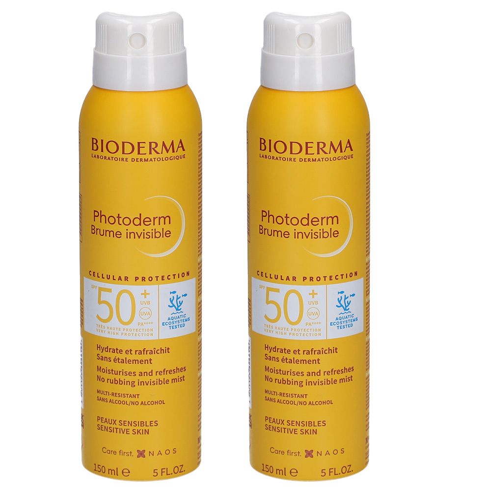 Deux flacons spray jaunes. Inscription: BIODERMA Photoderm Brume invisible SPF50+. Avec tête de pulvérisation blanche.
