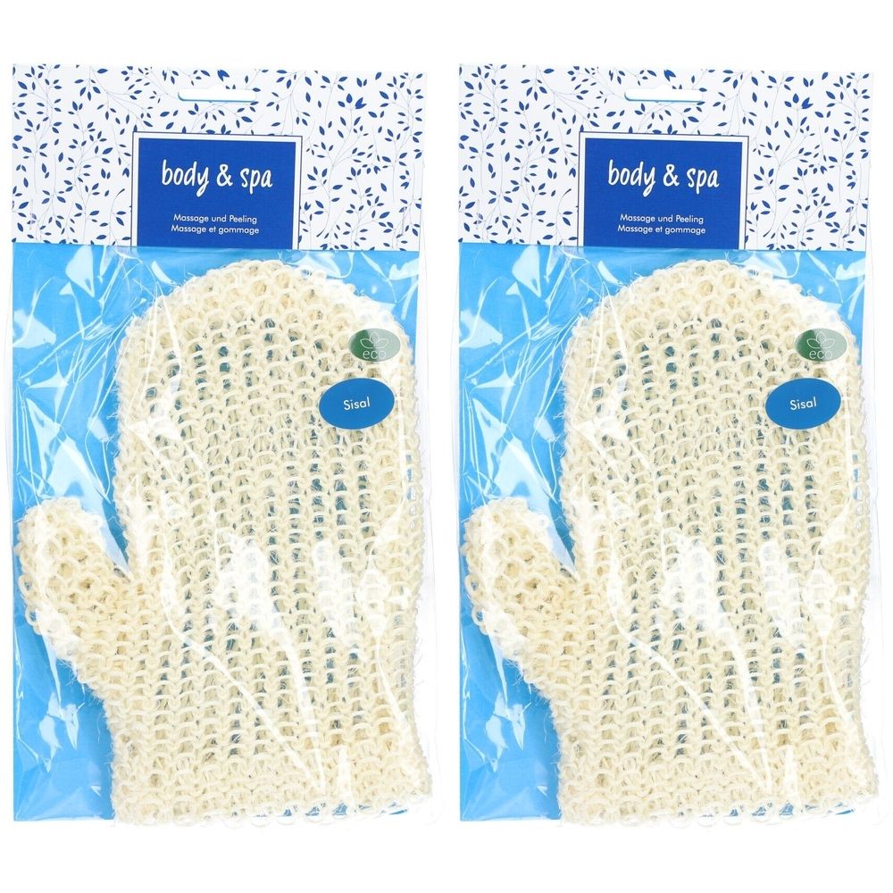 Deux gants exfoliants dans un emballage plastique. Inscription : body & spa. Emballage bleu et blanc.
