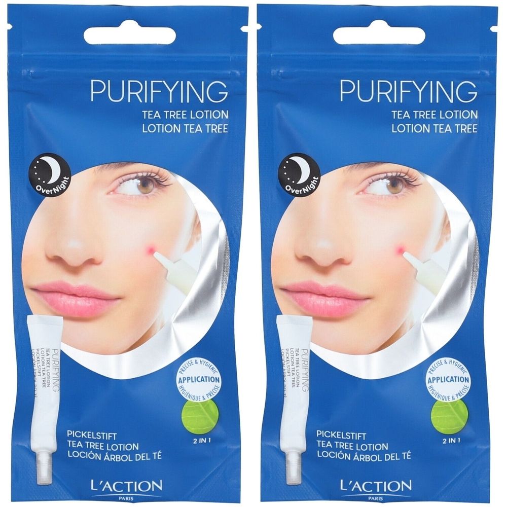 Deux sachets de Pickelstift Tea Tree. Inscription : PURIFYING, Tea Tree Lotion, L'ACTION. Illustration d'un visage avec bouton et applicateur.