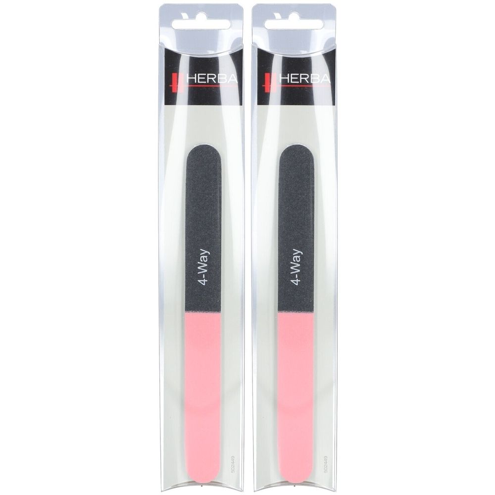 Zwei Nagelfeilen in transparenten Verpackungen. Jede Feile hat eine schwarze und eine rosa Seite, mit der Aufschrift "4-Way".