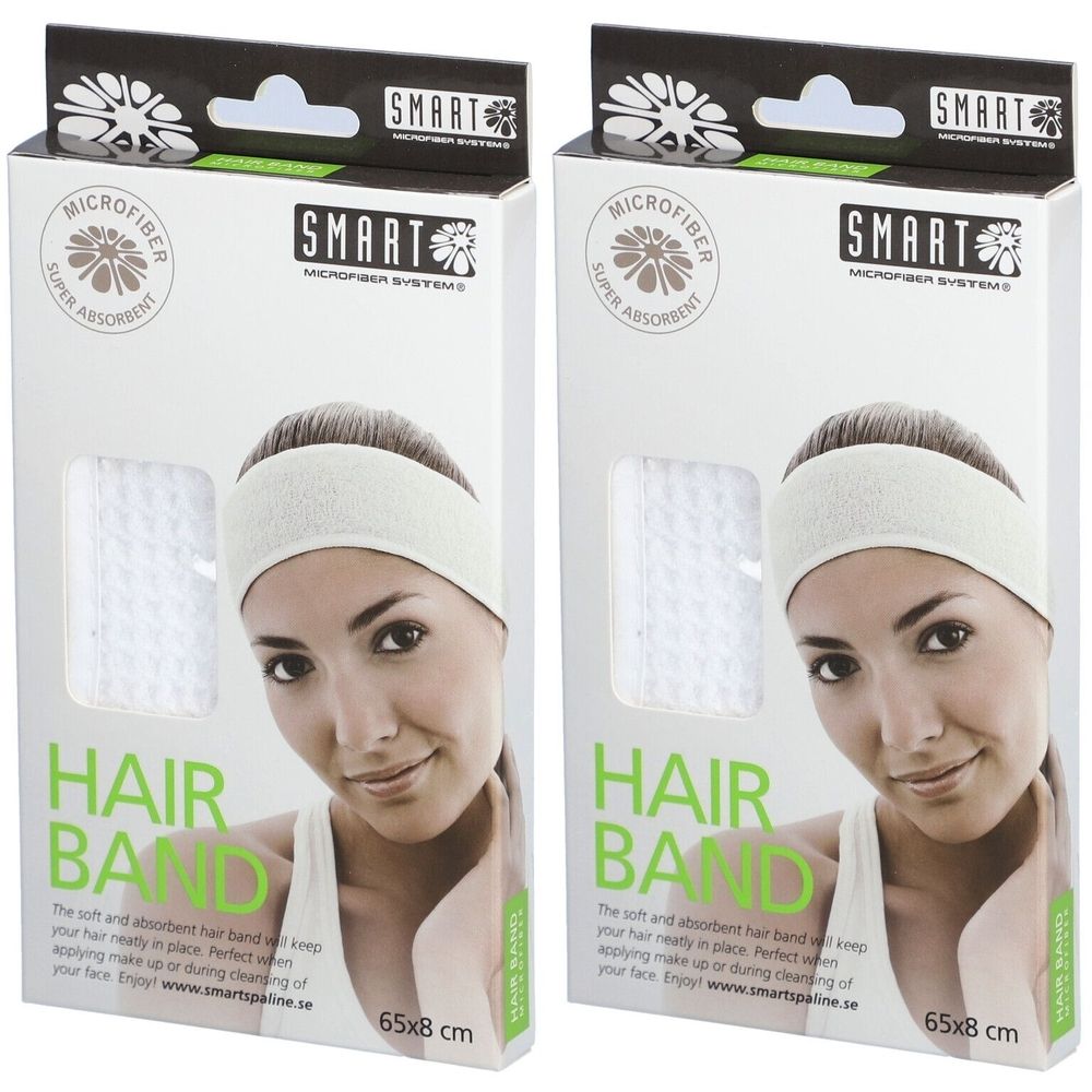 Deux boîtes de bandeau blanc. Inscriptions : SMART, MICROFIBER, HAIR BAND. Dimensions : 65x8 cm. Illustration : femme portant un bandeau.