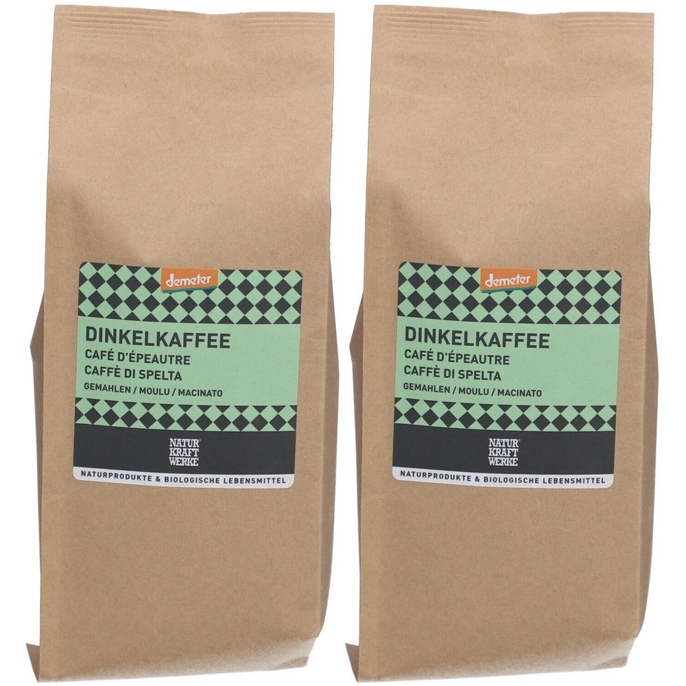 Deux sachets en papier brun avec étiquette verte. Inscription: Dinkelkaffee, Café d'épeautre, Caffè di Spelta. Label Demeter.